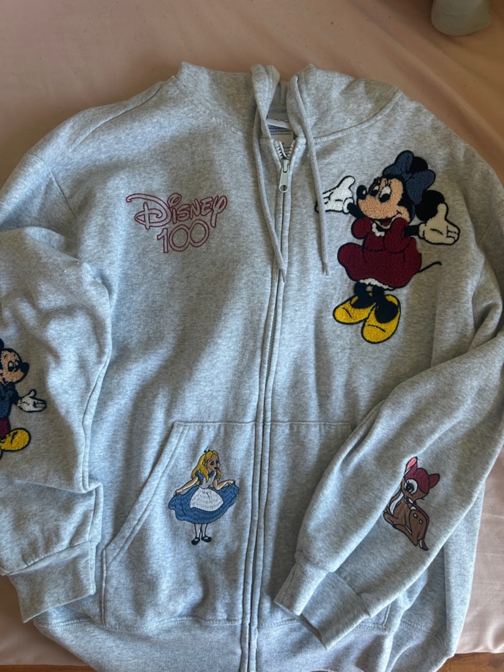 Disney Light Gray Zip-Up Hoodie with Minnie, Alice & Bambi Embroidered Patches